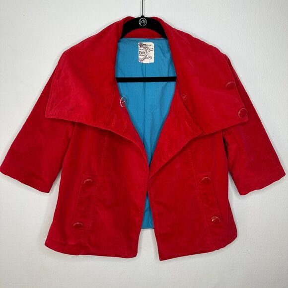 Tulle Red Corduroy Turquoise Lined Foldover Collar Jacket 3/4 Sleeves S - Picture 3 of 15